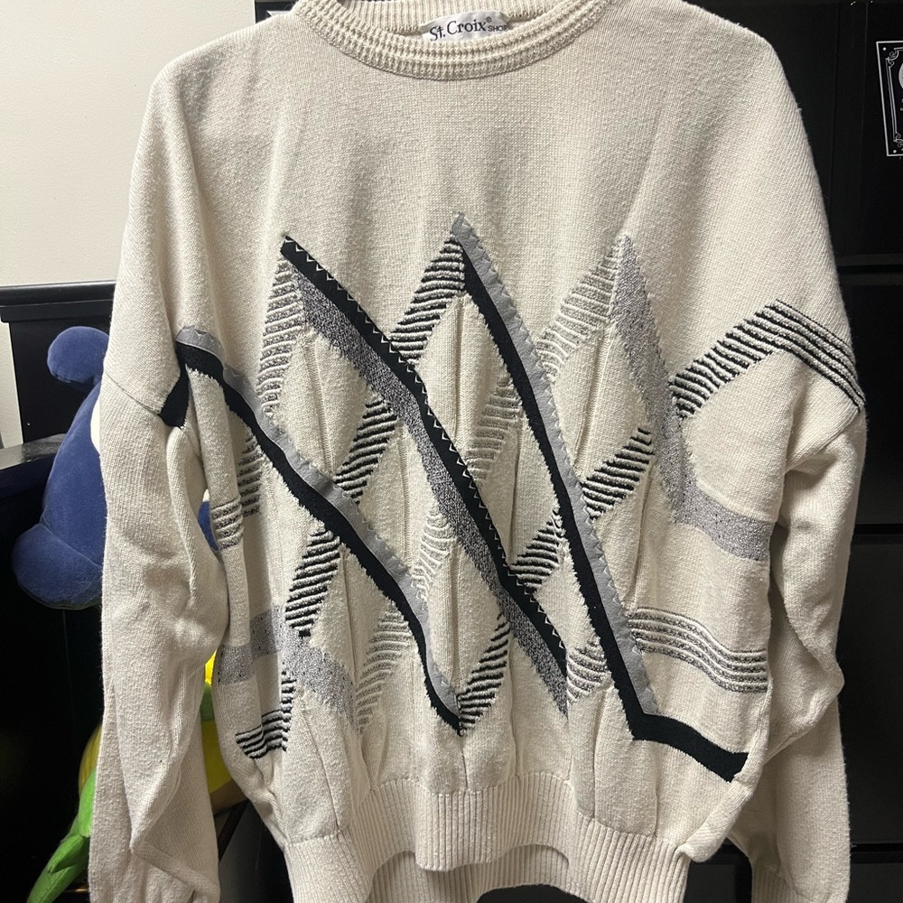 Men's Cream Sweater with Black and Gray Accents